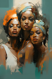 Three African women, wearing headscarves in turquoise