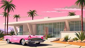 Retro-Bungalow und rosa Cadillac im Barbie-Stil