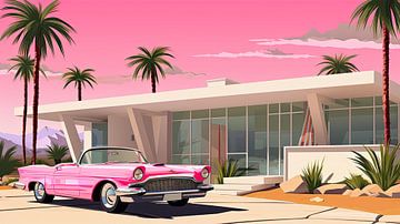 Retro bungalow and pink Cadillac in Barbie style by Vlindertuin Art