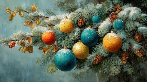 Snowy pine branch with balls