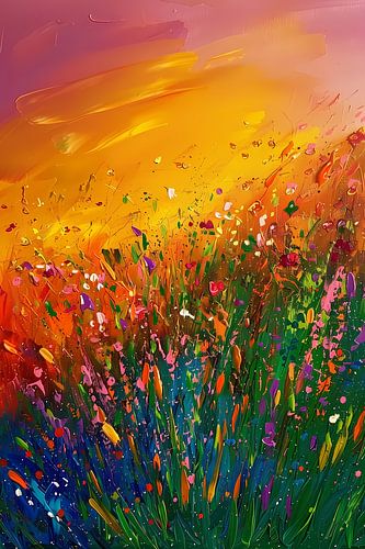 Abstract schilderij van bloemenveld bij zonsondergang