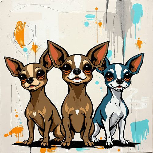 Chihuahua-Trio – Modernes Street-Art Wandbild von Wandbilder-Shop