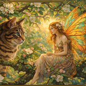 Cat and fairy Art Nouveau by Linda de Klein