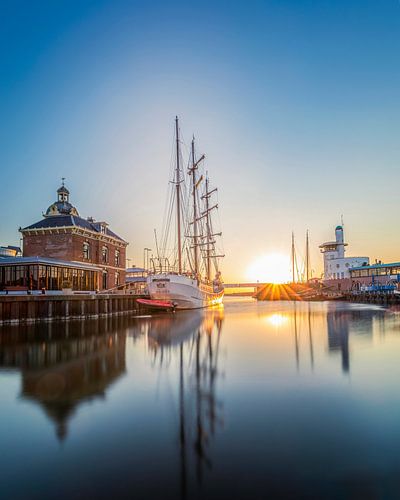 Harlingen harbour with setting sun