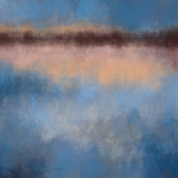 Bunte abstrakte minimalistische Landschaft in Pastellfarben. Blau, gelb, rosa und braun. von Dina Dankers