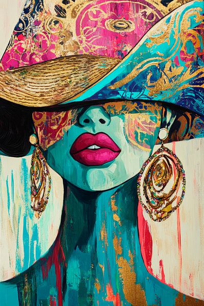 Élégance colorée avec chapeau et boucles d'oreilles par Poster Art Shop