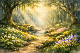 Schilderachtig lentebos met beekje – Idyllisch boslandschap als aquarel van ButterflyPix