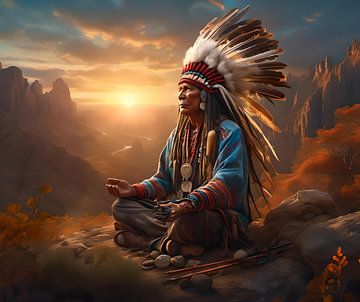 Native shaman meditating in an ancient landscape by Eye on You
