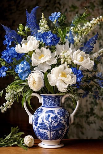 Boeket bloemen in delftsblauwe vaas van Diana Mets