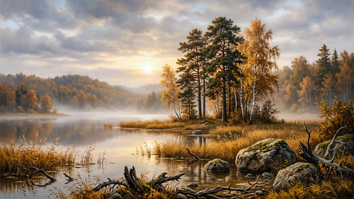 Herbstlicher Waldsee im weichen Morgenlicht