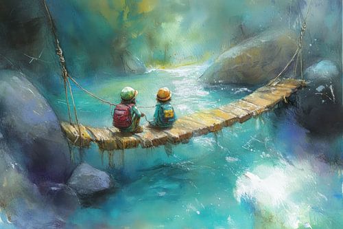 Painting with two children on a suspension bridge in nature