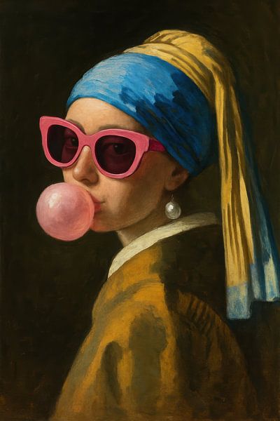 Mädchen mit Perlenohrring und Kaugummi im Retro-Stil von Poster Art Shop