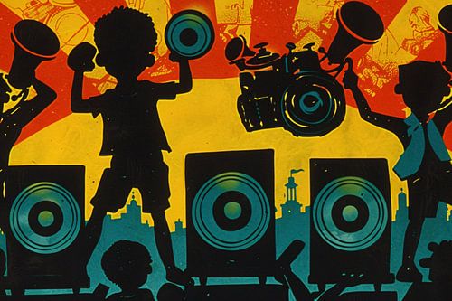 Muziek en silhouetten in stadslandschap