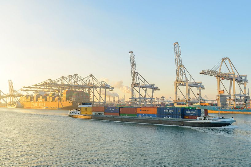 Lastkahn passiert Frachtcontainerschiffe auf dem Containerterminal im Hafen von Rotterdam von Sjoerd van der Wal Fotografie