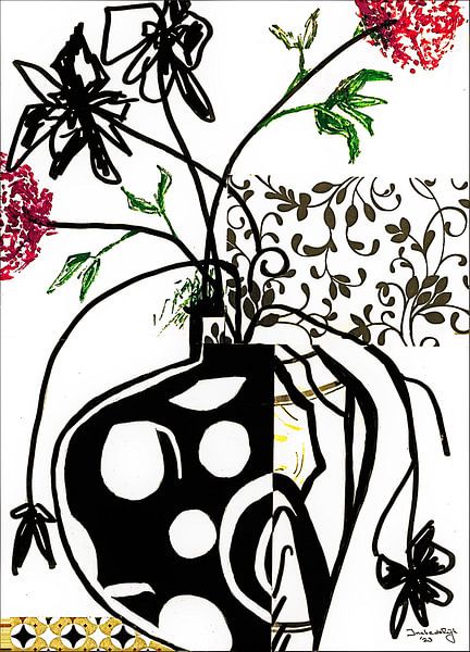 Abstract flower vase ( 6) Collage in black and white. by Ineke de Rijk