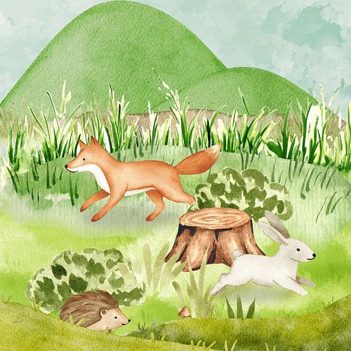 Affiche décorative pour chambre d'enfant « Animaux de la forêt » à l'aquarelle | Illustration de forêt avec renard, lapin et hérisson