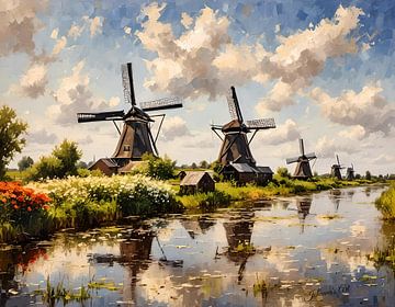 Windmolens Kinderdijk, Nederland 1 van Johanna's Art