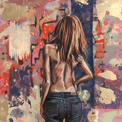 Kunstwerk vrouw in jeans - street art stijl