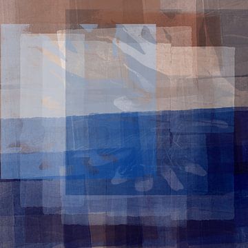 Modern abstract landschap in blauw, taupe en terra.