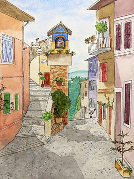 La rue italienne (peinture aquarelle colorée rue étroite village été voyage Europe vacances) sur Natalie Bruns