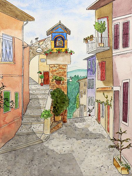 La rue italienne (peinture aquarelle colorée rue étroite village été voyage Europe vacances) par Natalie Bruns