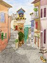 De Italiaanse straat (kleurrijk aquarel schilderij smalle straat dorp zomer reizen Europa vakantie) van Natalie Bruns thumbnail