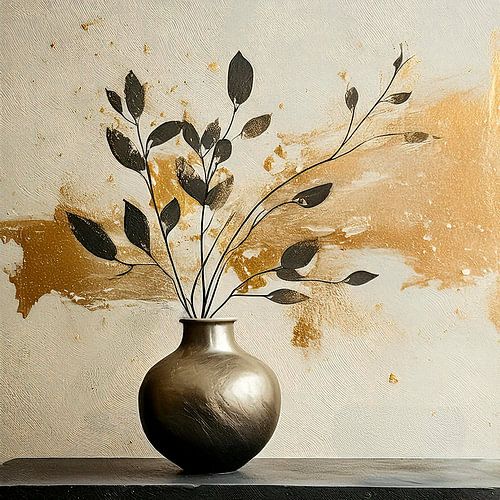 Japandi Art. Rustig Stilleven: Aardewerk Vaas met takken