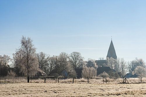 Zicht op de kerk in Biestow met weide en bomen in de winter