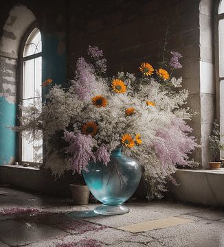 Glazen bolle vaas met enorm boekt bloemen van Hans Dubbelman