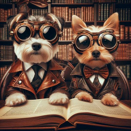 2 honden lezen in de bibliotheek