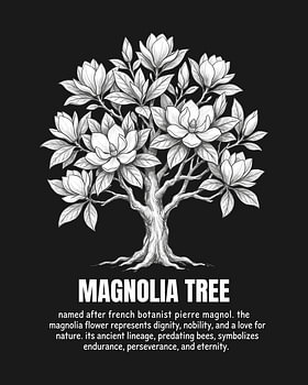Affiche minimaliste représentant un magnolia en dessin au trait - édition noire