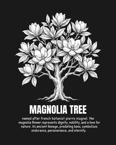 minimalist Magnolia tree line art poster - black edition