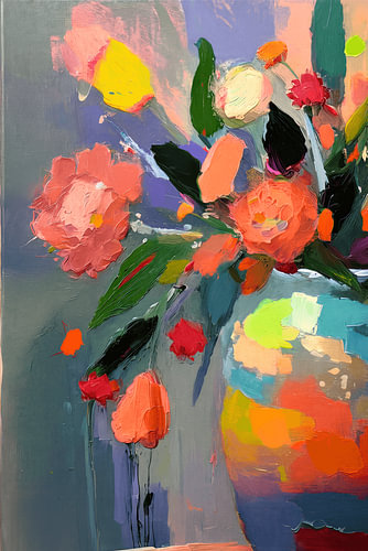 Nature morte florale colorée et expressive, réalisée à l'aide de coups de pinceau pâteux