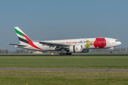 Emirates Skycargo Boeing 777F met Red Rose livery.