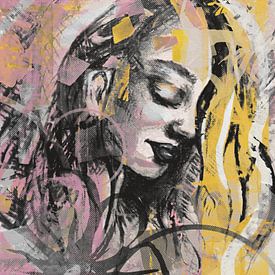 Kunstwerk portret met diverse stijlen in roze zwart en geel van Emiel de Lange