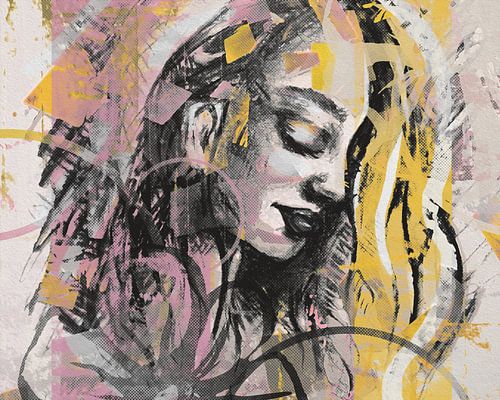 Kunstwerk portret met diverse stijlen in roze zwart en geel