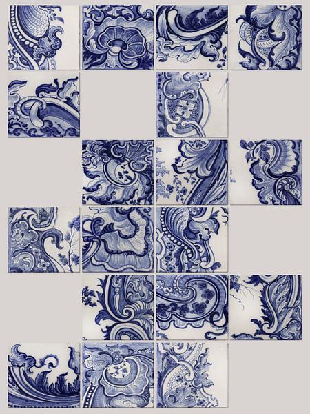 Off-white and a mix of delft blue fragments tile tableau Rijksmuseum by Mijke Konijn