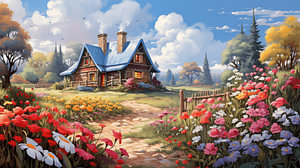 Kleines Haus Gemälde Malerei im Frühling mit vielen bunten Blumen im Garten Wasserfarben Design
