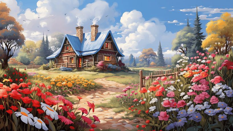Kleines Haus Gemälde Malerei im Frühling mit vielen bunten Blumen im Garten Wasserfarben Design von Animaflora PicsStock