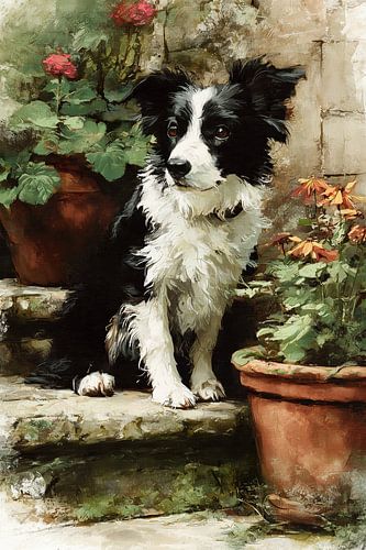 Border Collie in de tuin met bloemen