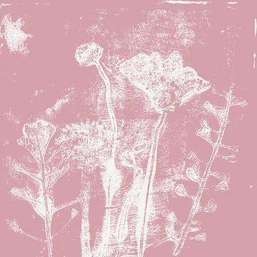 Art botanique abstrait. Fleurs et plantes en rose et blanc sur Dina Dankers