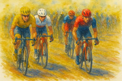 De laatste demarage (wielrenners Tour de France peloton sport wedstrijk stoer mancave mannenaquarel schilderij)