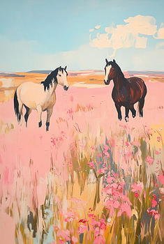 Des chevaux dans un champ de fleurs