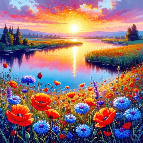Bloemenweide met wilde bloemen, ondergaande zon boven een rivier