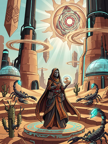 Illustration graphique : sorcière de science-fiction dans le désert, scorpion cybernétique, planète antique