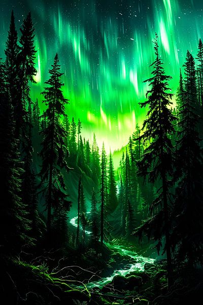 Nordlicht über grünem Wald von Art & Soul Creations