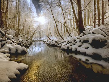 winterlandschap van besneeuwd bos in de avond van TrishaVDesigns