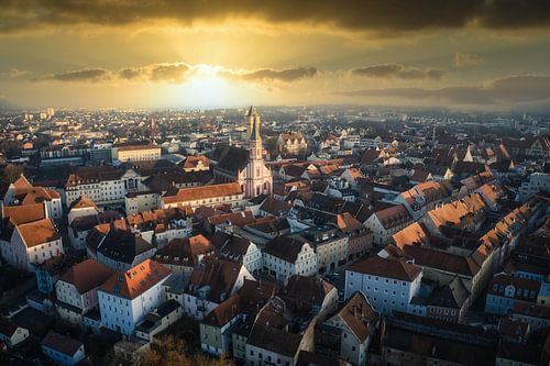 City of Straubing aerial view with morning sun