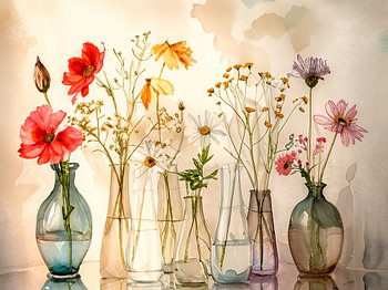 Elegant en Sereen Stilleven: Rij vaasjes met veldbloemen