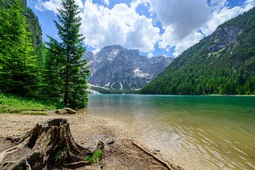 Pragser Wildsee of Lago di Braies in de Dolomieten in het voorjaar